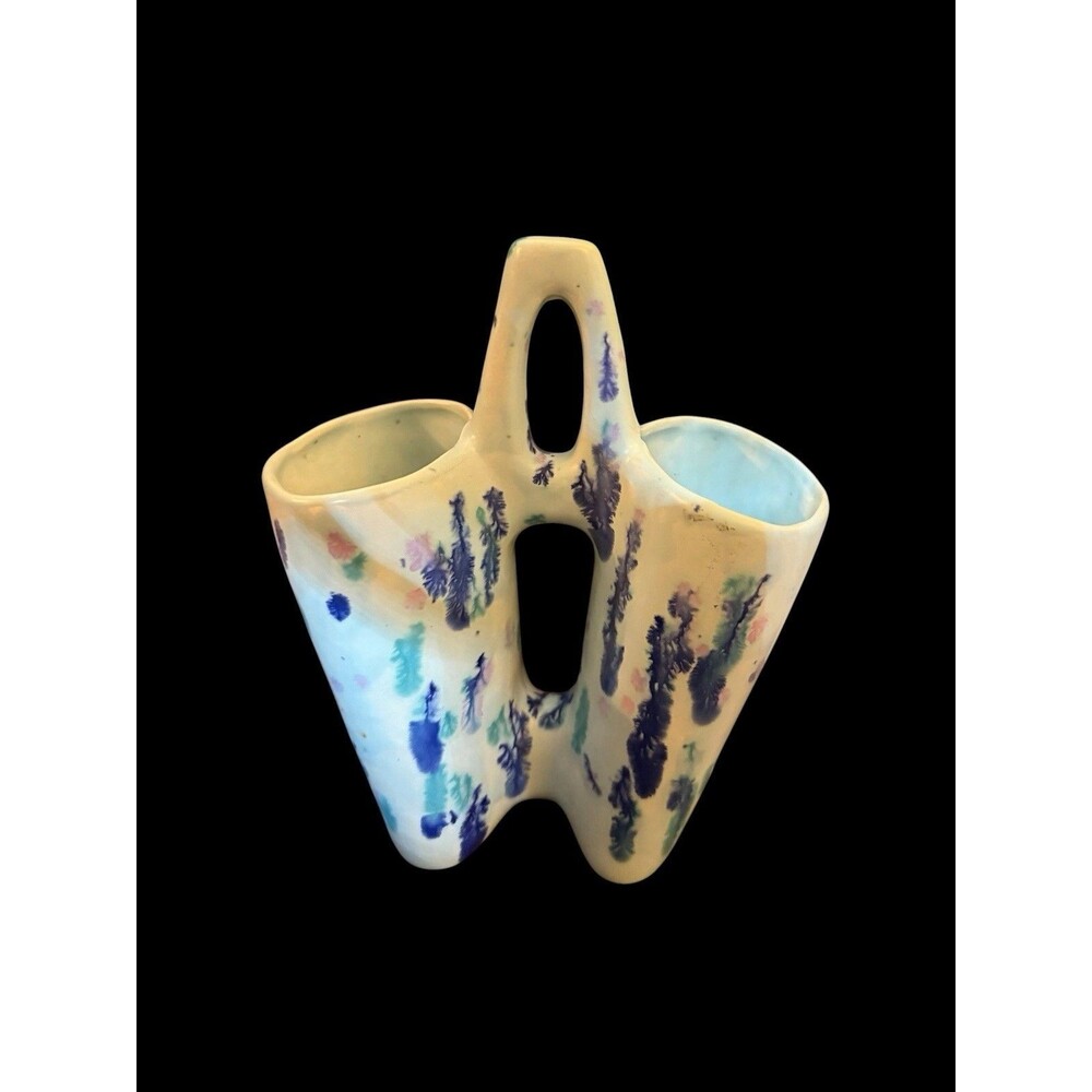 Vtg Splatter Double Wedding Vase Pottery Light Blue Green Hobbyist MCM Look 1980